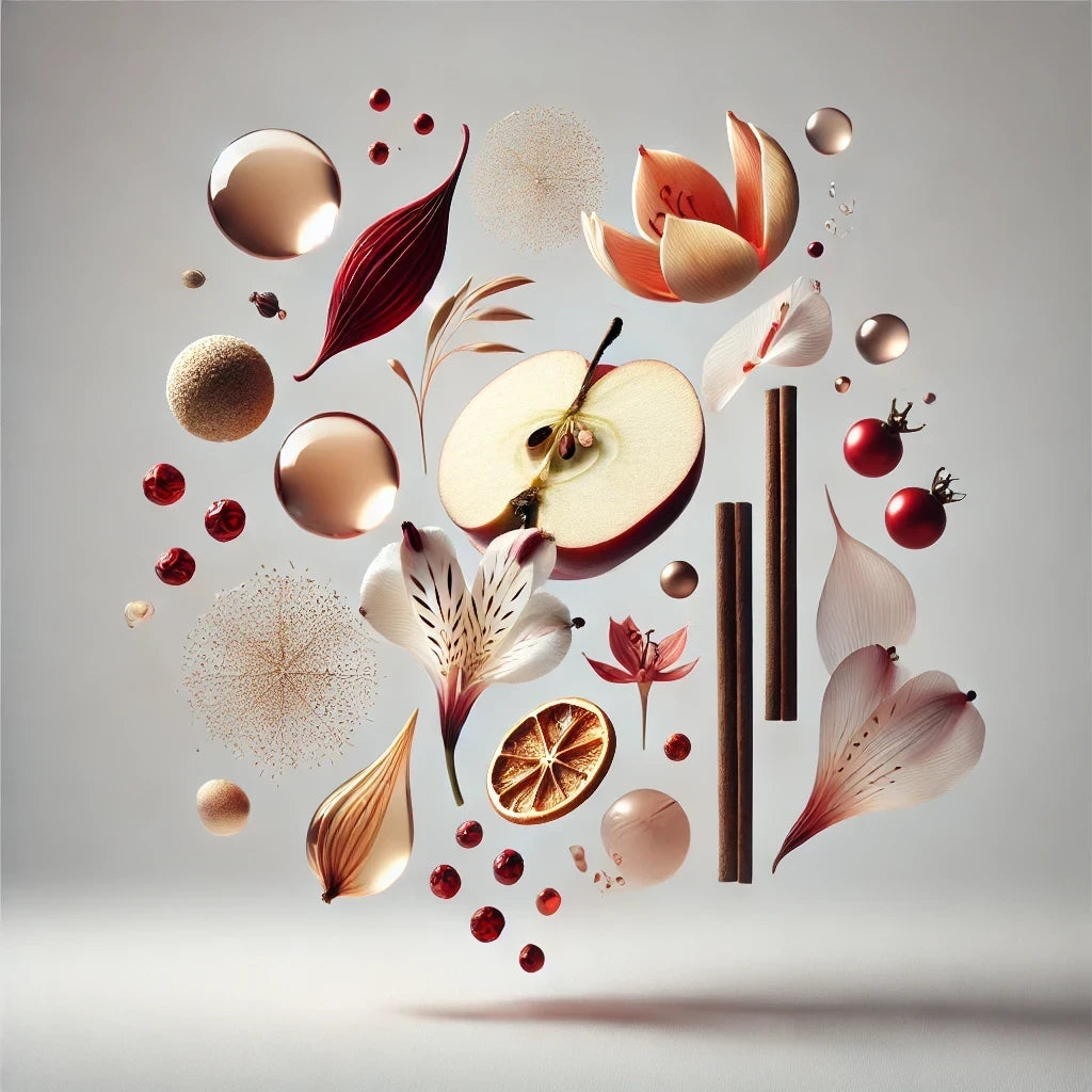 Fragrance notes of cafe pom caramel red apple elemi Lavender cinnamon vanilla rose caramel amber musk.