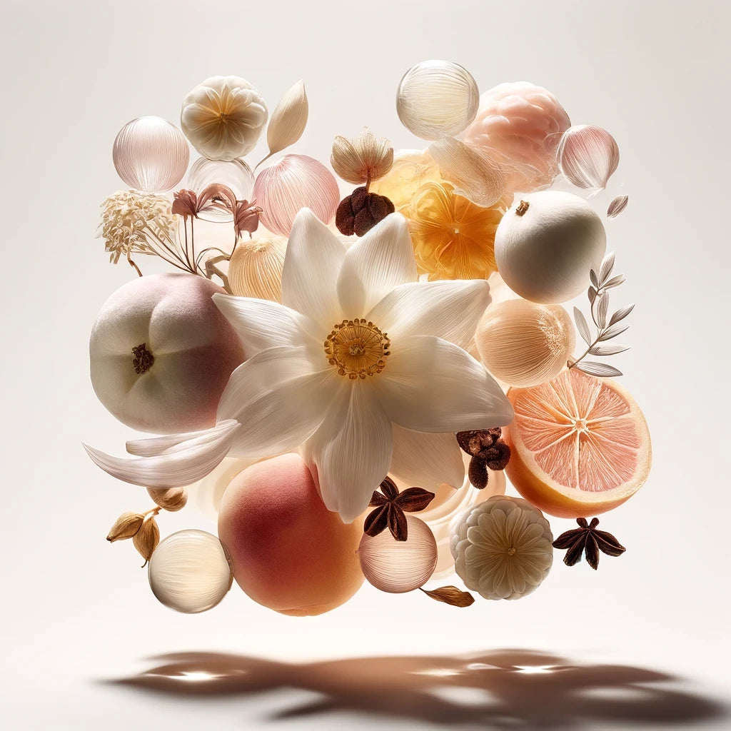 Notes of fragrance Fleur Affair Litchi Peach Bergamot Orange Blossom Peony Jasmine Petalia Musk Moss Woody Notes