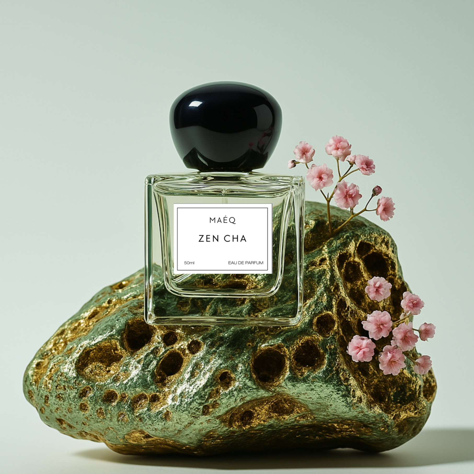 maeq zen cha perfume bottle placed on a rock with pink flowers