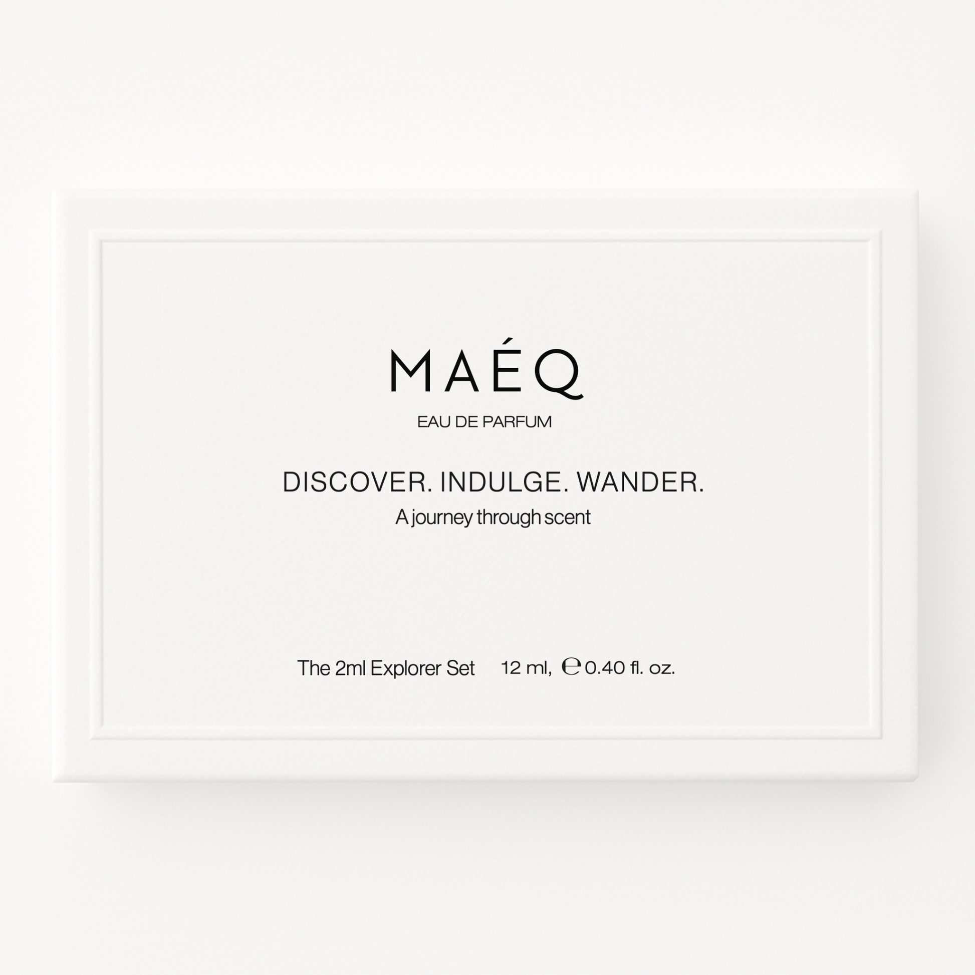 minimal white box packaging of maeq discovery box explorer set eau de parfum