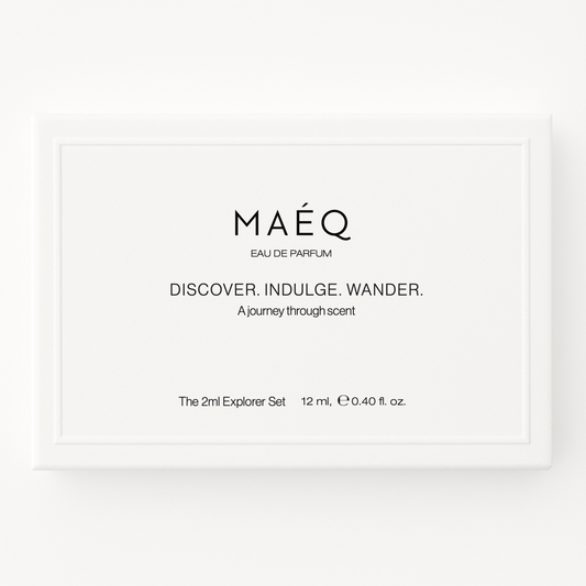 minimal white box packaging of maeq discovery box explorer set eau de parfum